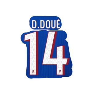Peut inclure: Graphique en forme de maillot bleu avec le nom "D. DOUÉ" au-dessus du numéro "14". Le numéro est blanc avec des accents rouges et un motif répétitif. Le maillot a un aspect texturé.