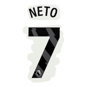 May include: A white sticker with the name "NETO" in black, above a black and gray number 7. The number 7 has a diagonal stripe design and a Premier League logo at the bottom.