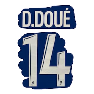 May include: A white and blue jersey with the name "D. DOUÉ" and the number "14" on it.