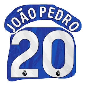 May include: A blue graphic with the name "JOÃO PEDRO" in white arched text above the number "20". The number is white with a blue background. The Premier League logo is at the bottom of the number.