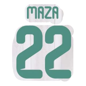 May include: A teal-colored sticker with the word "MAZA" above the number "22". The text and numbers are in a bold, sans-serif font. The sticker has a white, textured background.