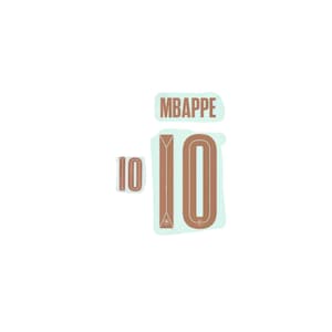 May include: Brown and white sticker set featuring the name "MBAPPE" and the number "10". The number "10" appears in two sizes, with a larger version and a smaller version. The stickers have a light blue outline.
