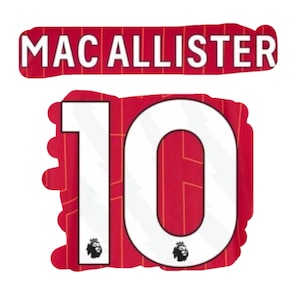 Puede incluir: Gráfico rojo y blanco con el nombre "MAC ALLISTER" sobre el número "10". El número es blanco con contorno rojo, sobre un fondo rojo con un patrón sutil. El logotipo de la Premier League es visible.