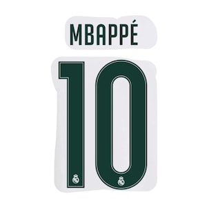 May include: A white sports jersey decal featuring the name MBAPPÉ in dark green capital letters above the number 10. The number 10 is rendered in a dark green font with a thin outline and includes a small Real Madrid logo at the base.