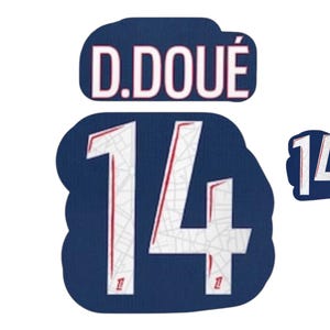 May include: A navy blue patch featuring the name "D. DOUÉ" in white. Below, a larger patch displays the number "14" in white with red detailing. A smaller patch with the number "14" is also visible.