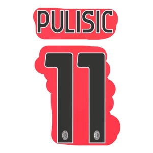 May include: A graphic with the name "PULISIC" in black with a white outline on a red background. Below, the number "11" in black with a white outline and red background. The number includes a team logo.