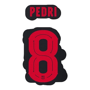 Puede incluir: Parche de camiseta termoadhesivo rojo y negro con el nombre "PEDRI" y el número "8" en negrita.