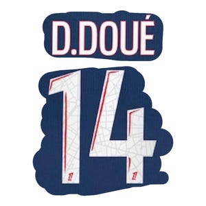 May include: A navy blue patch with the name "D. DOUÉ" in white text above the number "14". The number is white with a red outline and a subtle pattern, also on a navy blue background.