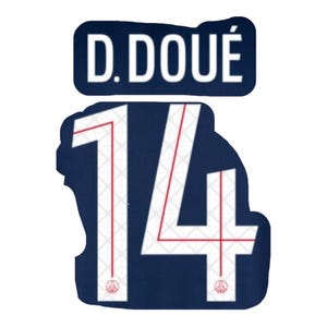 May include: A navy blue jersey displaying the name "D. DOUÉ" above the number "14" in white. The number features red detailing and a small emblem at the base. This is likely a sports team jersey.