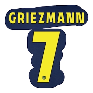 May include: A navy blue and yellow graphic featuring the name "Griezmann" above a large number "7". The number is yellow with a navy blue outline. The Atletico Madrid logo is at the bottom of the number.