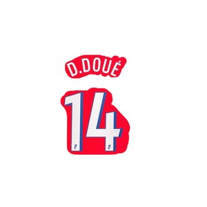 May include: A red patch featuring the number 14 in white with blue outlines, and the name "D. DOUÉ" above. This design is likely for a sports jersey or clothing item, with a clear and bold font.