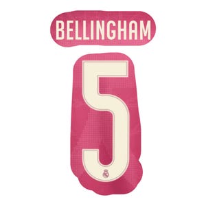 May include: A pink sports jersey name and number decal featuring the name BELLINGHAM in cream-colored capital letters above a large cream-colored number 5. The number 5 includes a small circular logo at the base and a subtle grid pattern.
