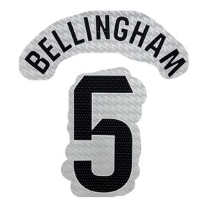 May include: A patch featuring the name "Bellingham" above the number "5". The black text and number are set against a light grey houndstooth pattern. The number is outlined in black.