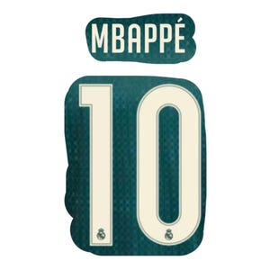 May include: A dark teal sports jersey graphic featuring the number 10 in large cream-colored font with a small emblem at the base of each digit. Above the number, a separate dark teal patch displays the name MBAPPÉ in cream-colored capital letters.