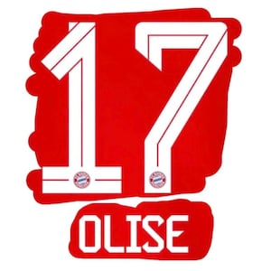 Puede incluir: Gráfico rojo con el número 17 en blanco y el nombre "OLISE" debajo. El número tiene un contorno blanco. Se incluyen dos pequeños logotipos del equipo. El fondo es blanco.