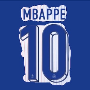 May include: A blue and white soccer jersey with the number 10 and the name "MBAPPE" printed on the back.