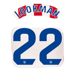 Può includere: Un set di adesivi bianchi con il nome "LOOKMAN" in lettere blu su sfondo a strisce rosse e bianche, e il numero "22" in blu. Il numero ha un piccolo stemma in basso.