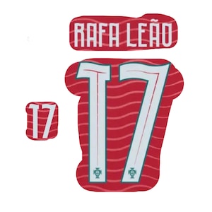 May include: A set of red and white heat transfer decals featuring the name RAFA LEÃO in white block letters on a red wavy background, along with a large number 17 and a smaller number 17, both in white with a small green emblem at the base.