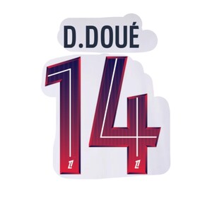 Peut inclure: Un autocollant affichant le nom D.DOUÉ en bleu foncé au-dessus du grand chiffre 14. Le chiffre 14 présente un dégradé allant du bleu foncé en haut au rouge en bas, avec de fines lignes verticales blanches et de petits logos blancs.