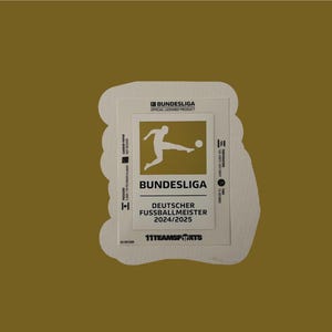 May include: A rectangular sticker with a white border and a gold background. The sticker features the Bundesliga logo, a silhouette of a soccer player kicking a ball, and the text "DEUTSCHER FUSSBALLMEISTER 2024/2025".