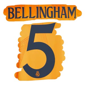 May include: A yellow and orange jersey with the name "Bellingham" and the number "5" in black. The jersey has a white crest with a crown on it.