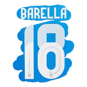 Pode incluir: Um número "18" branco sobre fundo azul com a palavra "BARELLA" em uma nuvem branca acima do número.