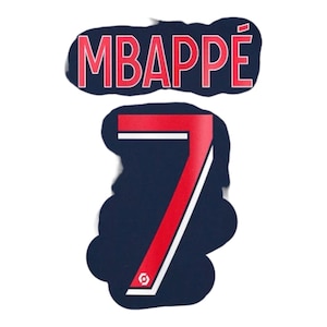 May include: A red and white number 7 on a dark blue background with the name "MBAPPÉ" above it.