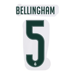 May include: A dark green sports jersey decal featuring the name BELLINGHAM in a bold sans-serif font above a large number 5. The number 5 includes a thin white outline and a small white circular emblem at the base, all set against a white background.
