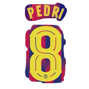 Puede incluir: Diseño gráfico con el nombre "PEDRI" encima de un gran número "8". El diseño incorpora una combinación de colores rojo, azul y amarillo, con un aspecto texturizado. El número "8" tiene flechas.