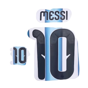 May include: A set of heat transfer decals featuring the name MESSI in black lettering and the number 10 in a large black font with a dotted texture. The designs are set against a white and light blue vertical striped background pattern.