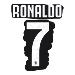 May include: A black and white graphic featuring the name "RONALDO" above the number "7". The number has a camouflage pattern and a small logo at the bottom. The design is likely for sports apparel.