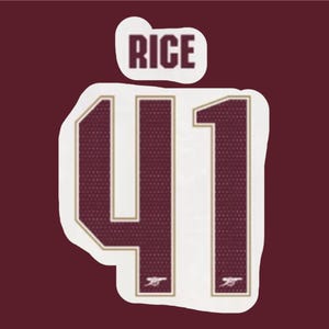 Puede incluir: Gráfico granate y blanco con el nombre "RICE" sobre el número "41". El número tiene un patrón de puntos granate con un contorno blanco y un borde dorado. El fondo es de color granate liso.