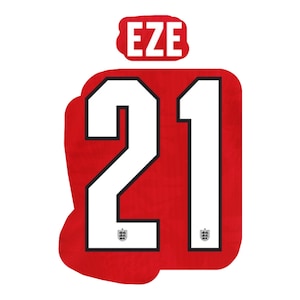 May include: A red graphic design featuring the white text EZE above the large white number 21 with black outlines. Each digit of the number 21 contains a small, detailed emblem featuring three lions at the base of the white character.