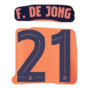 Puede incluir: Gráfico naranja y azul marino con el nombre "F. DE JONG" sobre el número "21". El número es grande y estilizado, con un patrón texturizado. El diseño es probablemente para ropa deportiva.