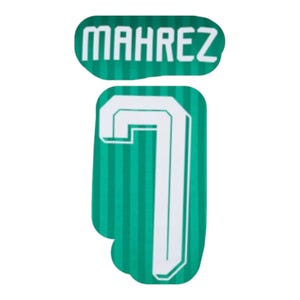 May include: A green and white striped sports jersey decal featuring the name MAHREZ in white block letters above a large white number 7. The design has a vertical striped pattern throughout the green background with white outlines on the text and number.