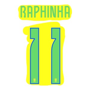May include: A graphic design featuring the name "RAPHINHA" in green letters with a yellow outline. Below, two green number 11s with blue outlines and a yellow background. The Brazilian flag emblem is at the bottom of each number.