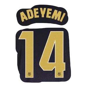 May include: A dark navy blue sports jersey patch featuring the name ADEYEMI in gold lettering above the number 14. The large gold number 14 has a subtle honeycomb texture and includes a small gold crest at the base of each digit.