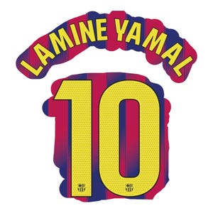 Può includere: Grafica con il nome "LAMINE YAMAL" in lettere gialle arcuate sopra il numero "10". Il numero è giallo con sfondo a strisce blu e rosse e include il logo del FC Barcelona.