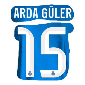 May include: A blue jersey design with the name "ARDA GÜLER" in white above the number "15". The number is white with a blue outline, and the design includes two small emblems.