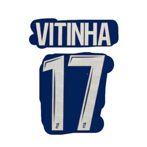May include: A dark blue iron-on transfer patch featuring the name VITINHA in white capital letters above the number 17 in a large white font. The design has a dark blue background with a contoured edge, displaying a clean and bold aesthetic.