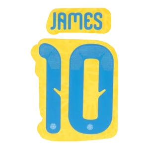 May include: A yellow and blue heat transfer vinyl design with the name "JAMES" above the number "10". The number is in a bold, blue font with a textured pattern, set against a yellow background. Suitable for sports apparel.