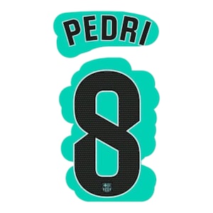 Puede incluir: Diseño gráfico con el nombre "PEDRI" en texto negro sobre un fondo turquesa en forma de nube. Debajo, un gran número "8" negro con un patrón texturizado está delineado en turquesa, con un pequeño emblema en la parte inferior.