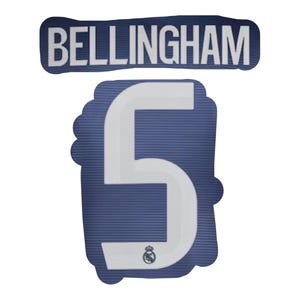 May include: A navy blue patch with the name "BELLINGHAM" in white block letters above a navy blue patch with the number "5" in white. The number "5" has a small emblem at the bottom.