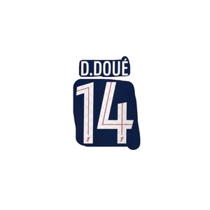 May include: A navy blue graphic with the name "D. DOUÉ" above the number "14" in white with red accents. The design is on a navy blue background with a white border, set against a white backdrop.
