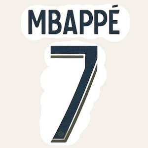 May include: A white background with a dark blue number "7" and the text "MBAPPÉ" in black.