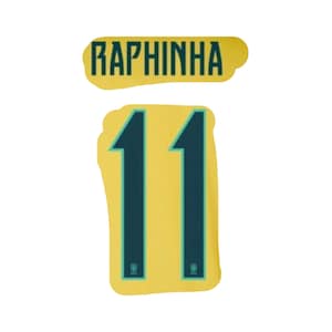 May include: A yellow sports jersey decal featuring the name RAPHINHA in dark green capital letters above the number 11 in a matching dark green font. The number 11 includes a small dark green emblem at the base of each digit on a yellow background.