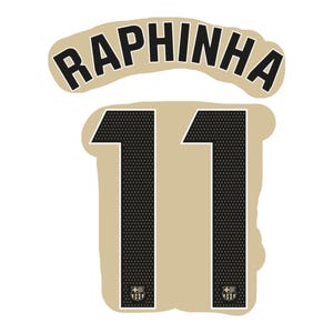May include: A graphic featuring the name "RAPHINHA" in black on a tan arched shape. Beneath is the number "11" in black with a textured pattern, set against a tan background. Small emblems are at the base of each "1".