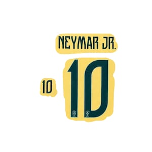 May include: A set of yellow and navy blue sports jersey numbers and name. The set includes the name "NEYMAR JR." in a rectangular shape, a large number "10", and a smaller number "10".