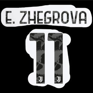 May include: A graphic design on a black background features the name "E. ZHEGROVA" in a white banner. Below the name are two vertical number "11" figures with a textured pattern. The Juventus logo is at the bottom of each number.