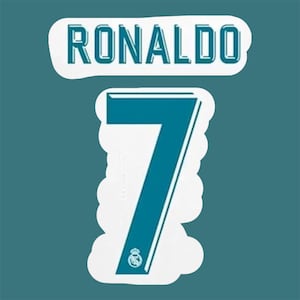 May include: A teal and white graphic featuring the name "RONALDO" above the number "7". The number has a white outline and a small emblem at the bottom. The background is a solid teal color.